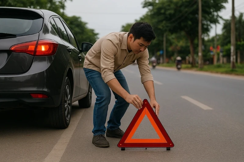 Tài xế đặt biển báo tam giác phản quang trên đường để cảnh báo cho các xe khác.
