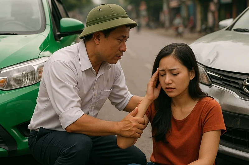 Người lái xe bình tĩnh kiểm tra tình trạng của hành khách sau va chạm ô tô.