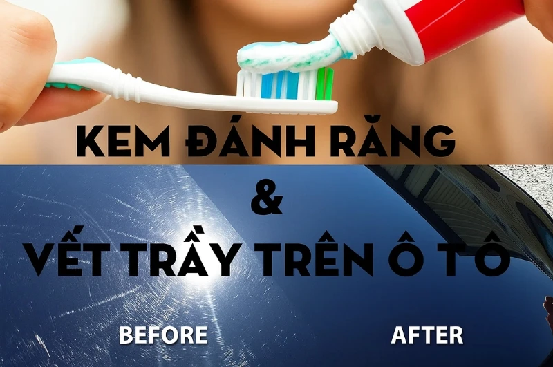 Một người đang dùng kem đánh răng và khăn mềm để xóa vết xước nhẹ trên sơn xe ô tô.