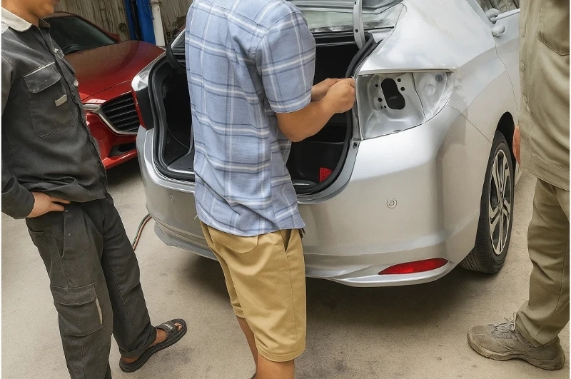 Kỹ thuật viên phun sơn xe ô tô chuyên nghiệp trong buồng sơn Gara Hải Thành.