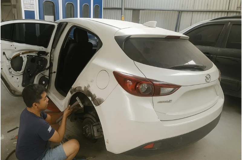 Kỹ thuật viên Gara Hải Thành đang gò hàn, sửa chữa thân vỏ xe hơi chuyên nghiệp.